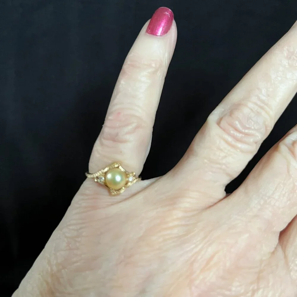 Vintage 1940's Japanese Akoya Golden Pearl & Diamond 10K Gold Ring sz 5 - Picture 5 of 8